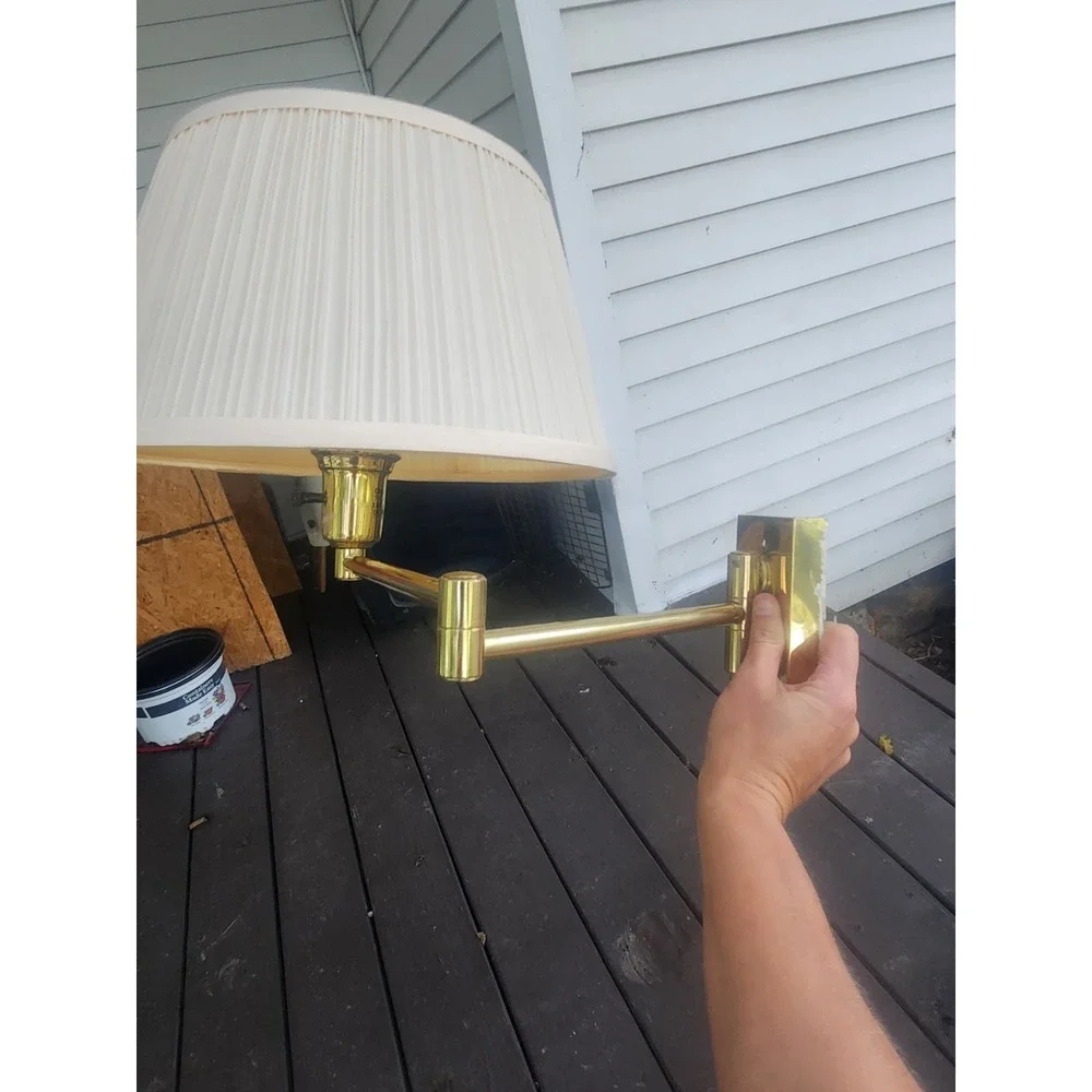 Vintage Solid Gold Brass Wall Mounted Swing Arm Lamp, Mushroom Pleated Shade MCM